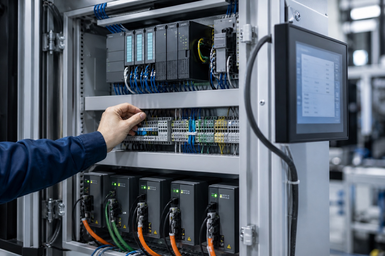 自動化設備控制盤內的 PLC 模組、伺服驅動器與觸控人機介面