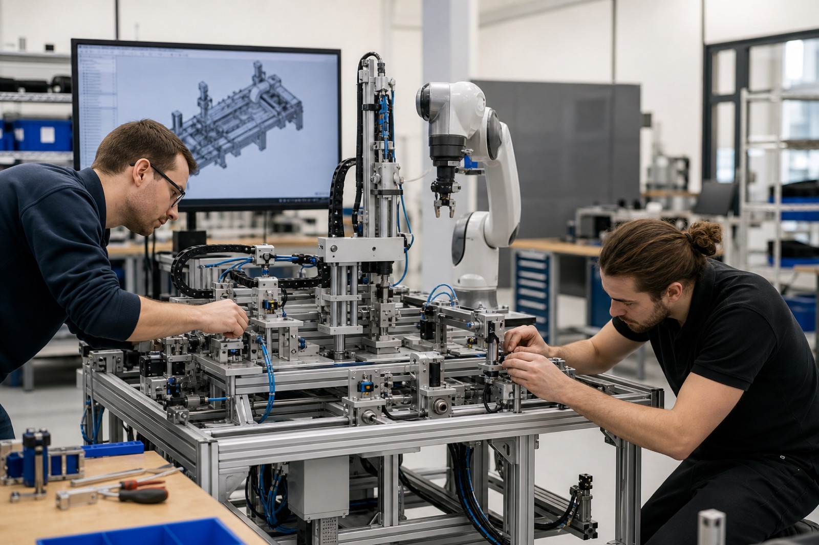 工程師組裝客製化自動化設備，後方螢幕顯示設備 3D 設計圖